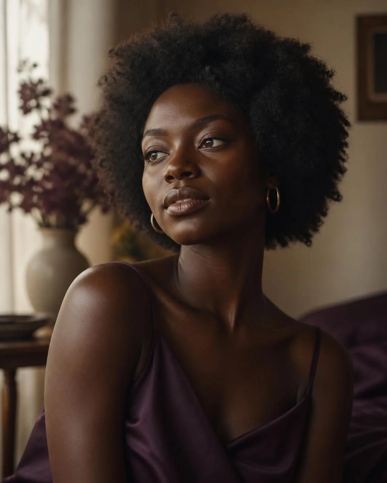 Portrait of a woman with deep skin tone in soft natural window light, wearing a plum top and gold hoop earrings